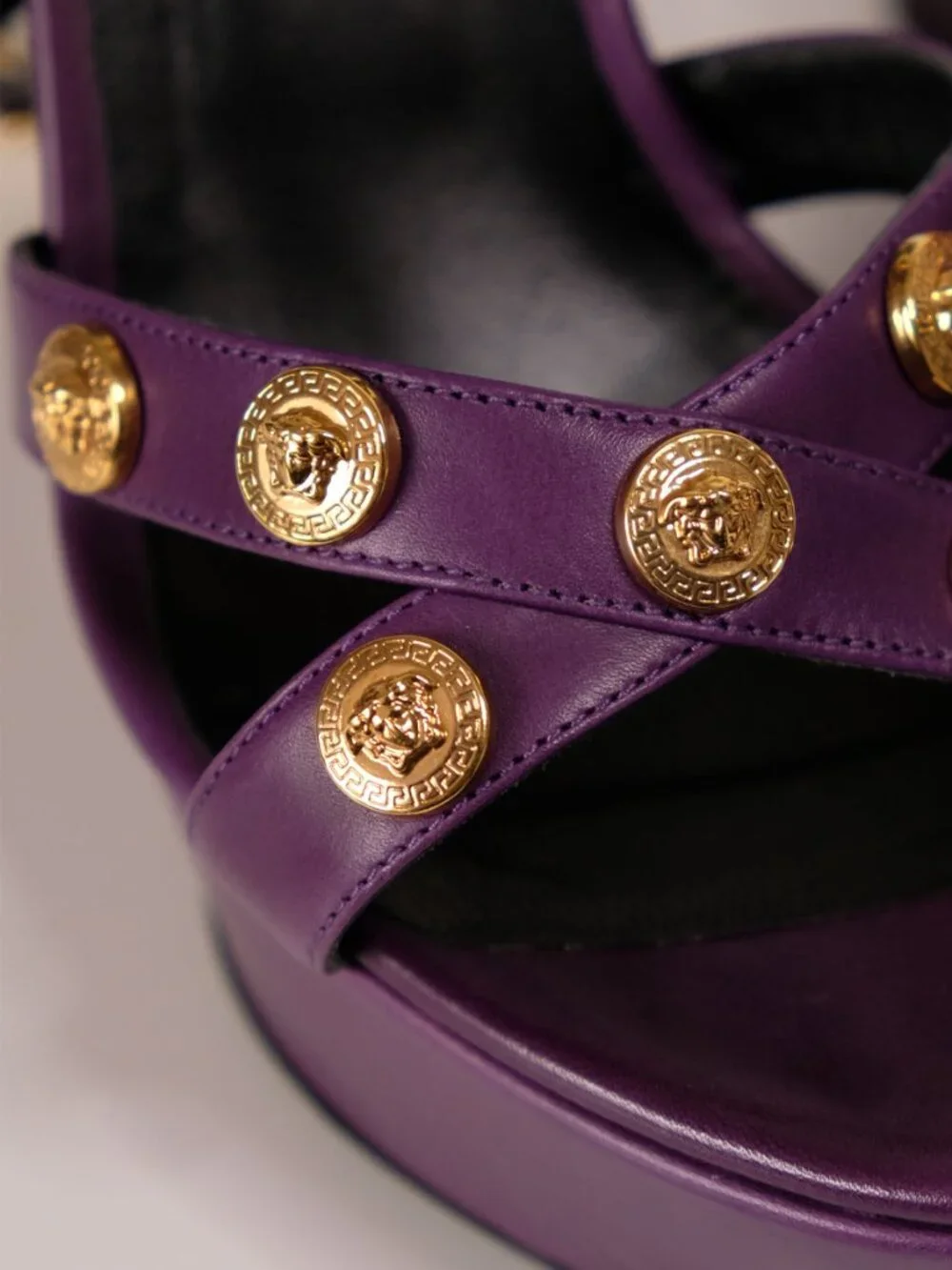 Versace Medusa Studded Platform Wedge Sandals, Royal Purple, size